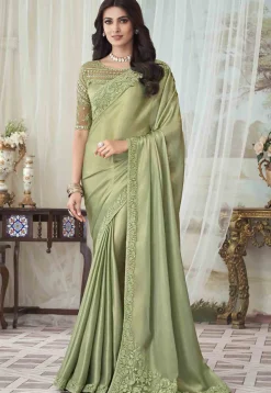 Embroidered Shimmer Georgette Saree in Olive Green