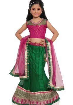 Embroidered Shimmer Net Lehenga Set in Green