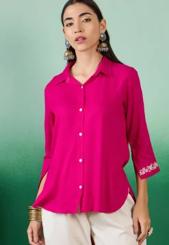 Embroidered Sleeve Cotton Slub High Low Tunic in Magenta