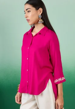Embroidered Sleeve Cotton Slub High Low Tunic in Magenta