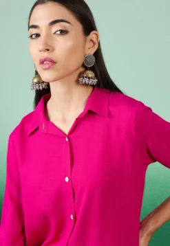 Embroidered Sleeve Cotton Slub High Low Tunic in Magenta