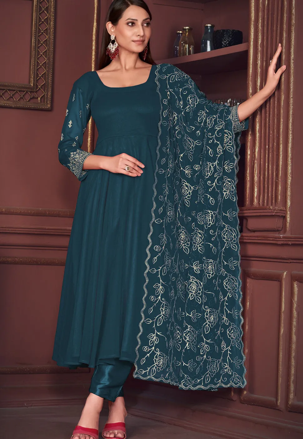 Embroidered Sleeve Georgette Anarkali Suit in Teal Blue
