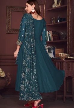 Embroidered Sleeve Georgette Anarkali Suit in Teal Blue