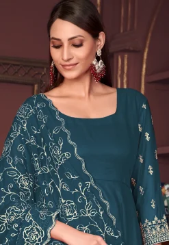 Embroidered Sleeve Georgette Anarkali Suit in Teal Blue