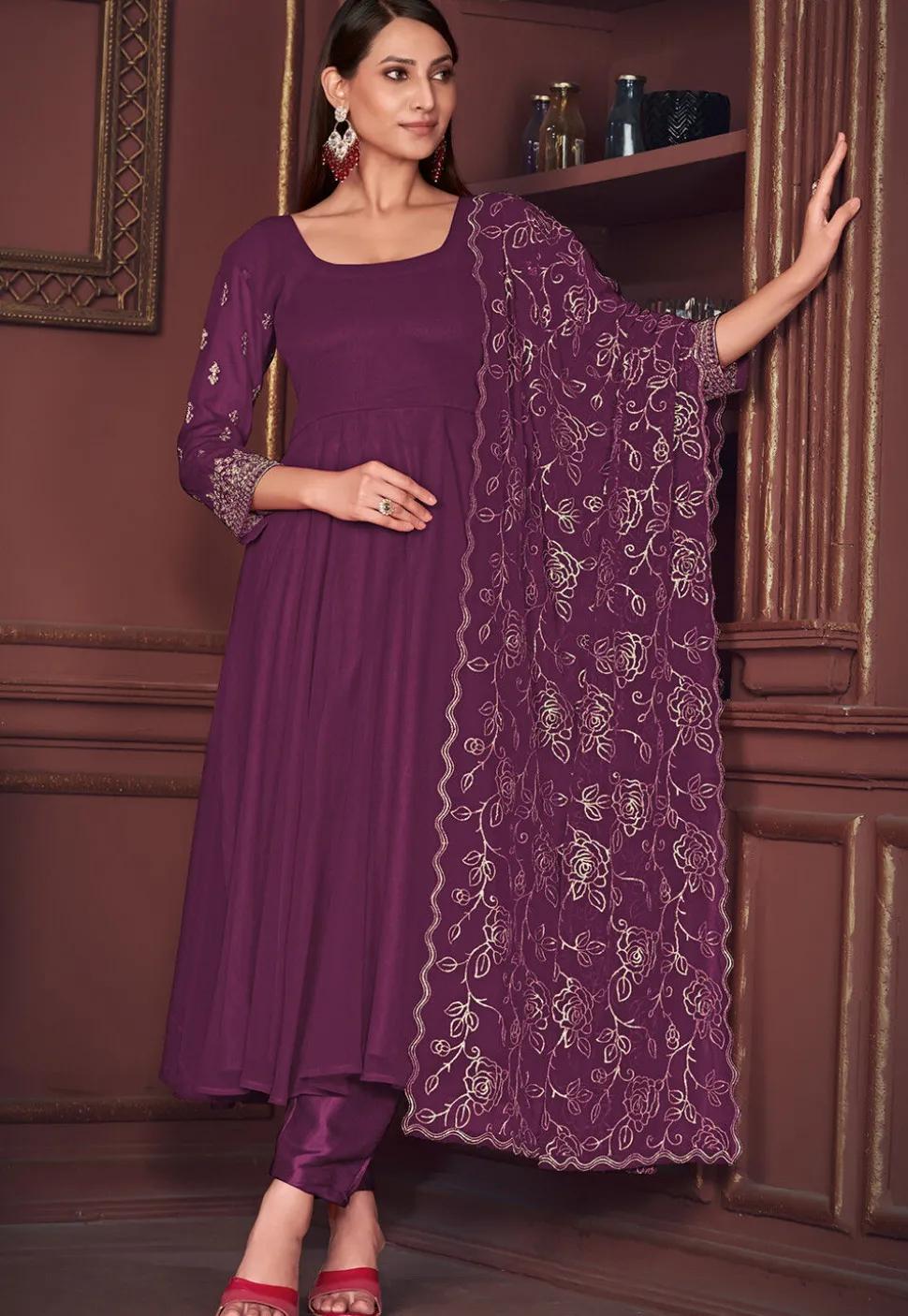 Embroidered Sleeve Georgette Anarkali Suit in Purple