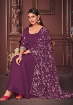 Embroidered Sleeve Georgette Anarkali Suit in Purple
