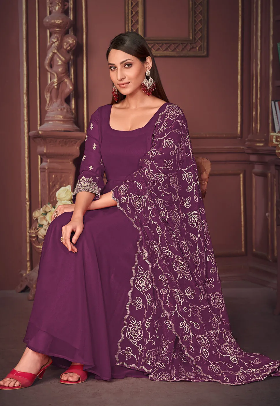 Embroidered Sleeve Georgette Anarkali Suit in Purple