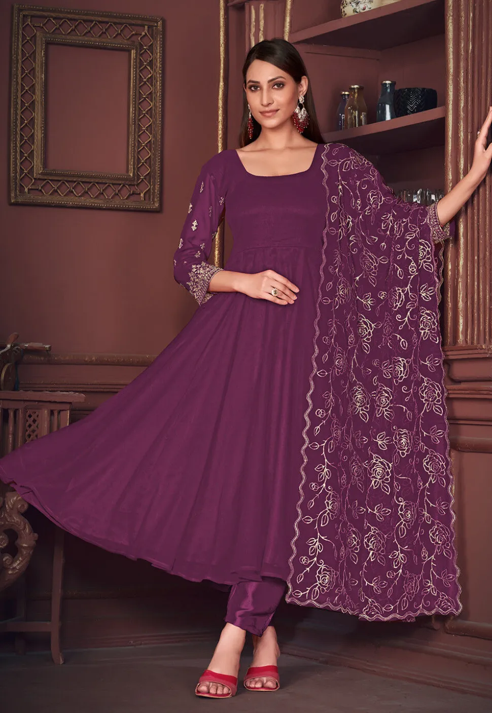 Embroidered Sleeve Georgette Anarkali Suit in Purple