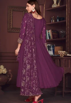 Embroidered Sleeve Georgette Anarkali Suit in Purple