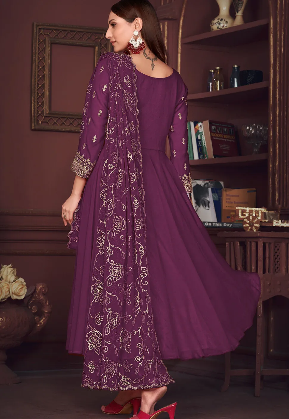 Embroidered Sleeve Georgette Anarkali Suit in Purple