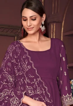 Embroidered Sleeve Georgette Anarkali Suit in Purple