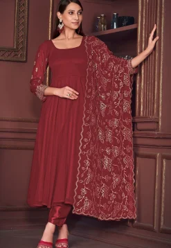 Embroidered Sleeve Georgette Anarkali Suit in Maroon