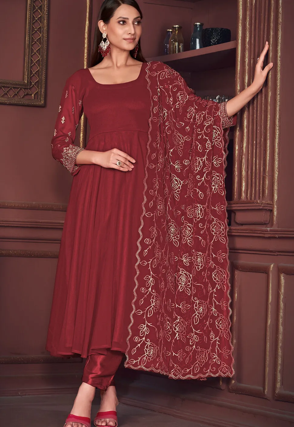 Embroidered Sleeve Georgette Anarkali Suit in Maroon
