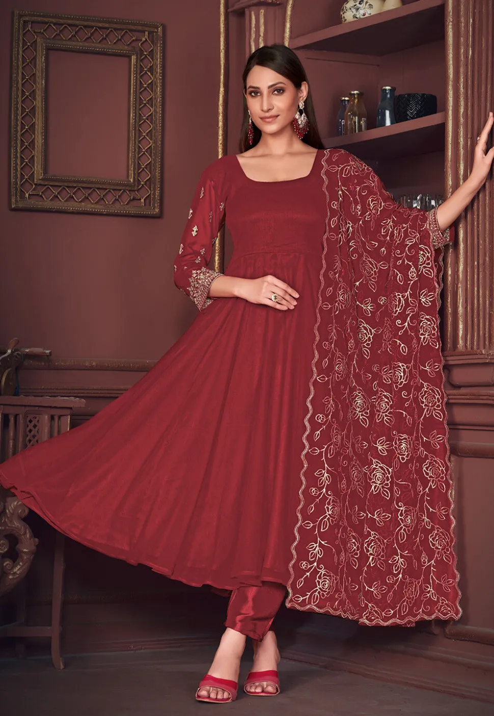 Embroidered Sleeve Georgette Anarkali Suit in Maroon