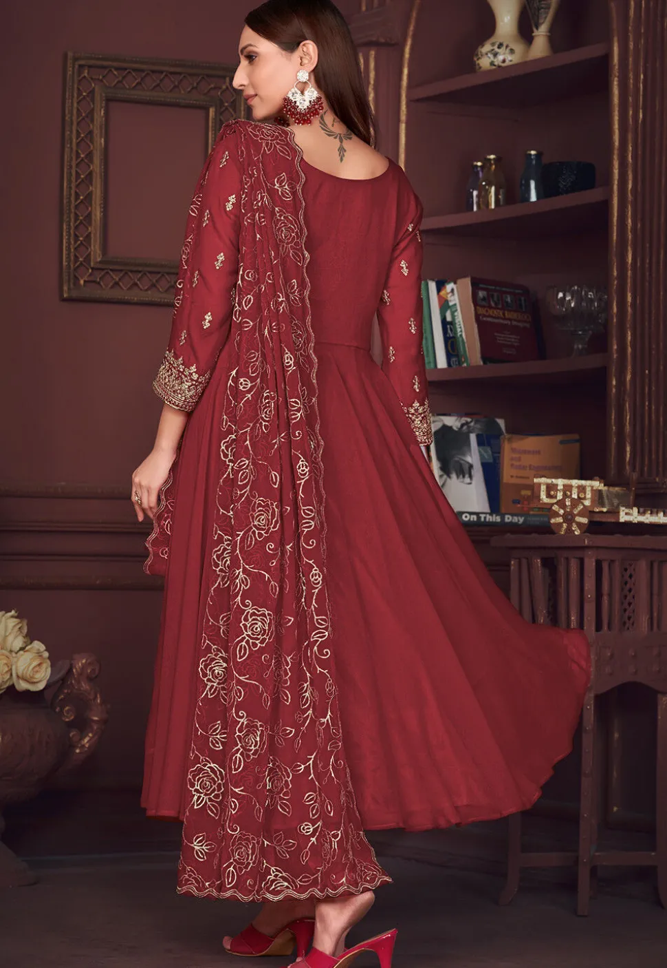 Embroidered Sleeve Georgette Anarkali Suit in Maroon