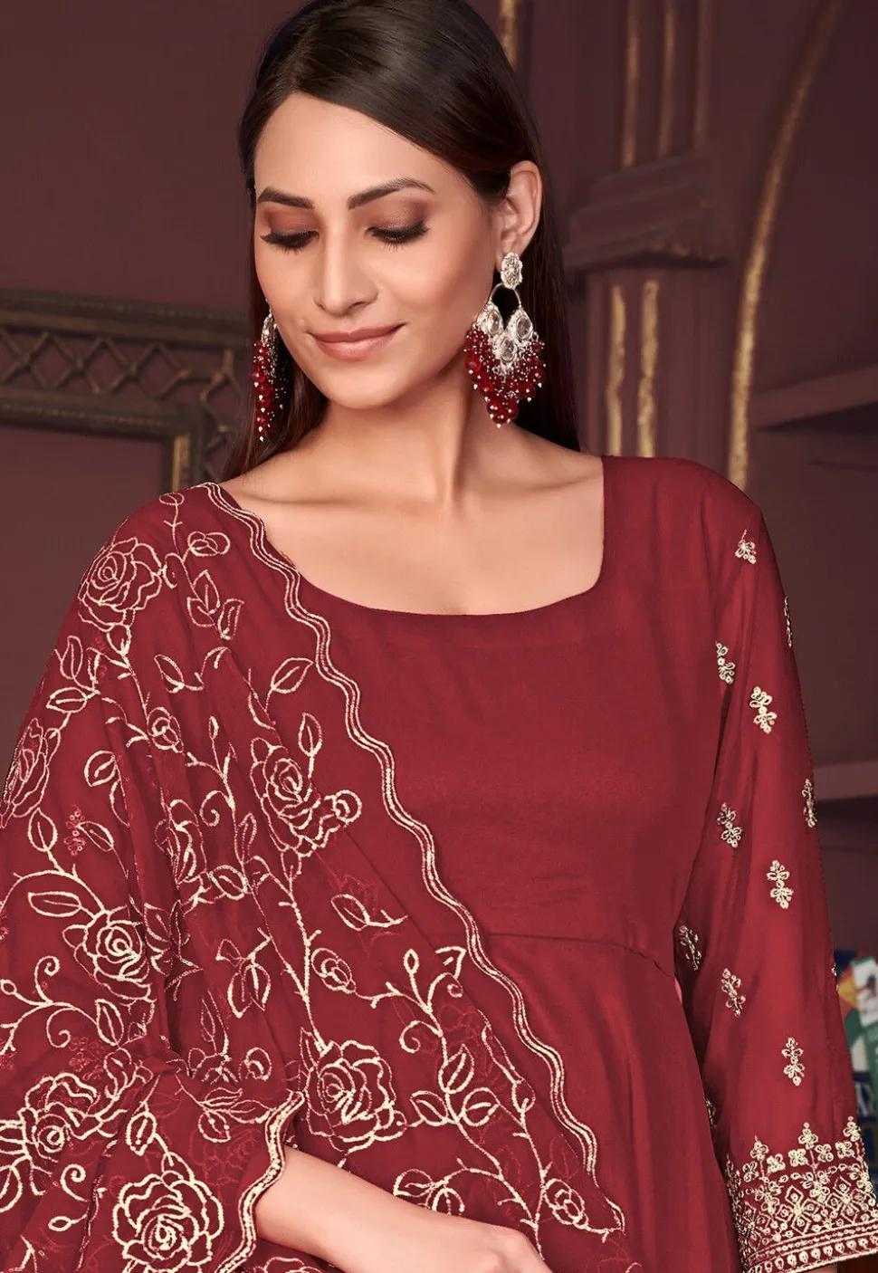 Embroidered Sleeve Georgette Anarkali Suit in Maroon