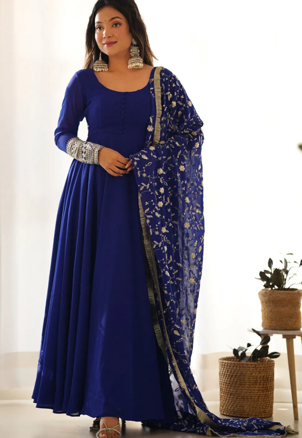 Embroidered Sleeve Georgette Abaya Style Suit in Royal Blue