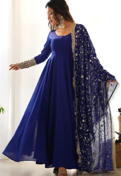 Embroidered Sleeve Georgette Abaya Style Suit in Royal Blue