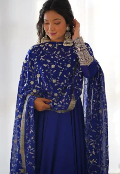 Embroidered Sleeve Georgette Abaya Style Suit in Royal Blue