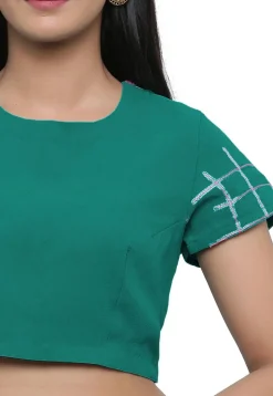 Embroidered Sleeve Georgette Blouse in Teal Green