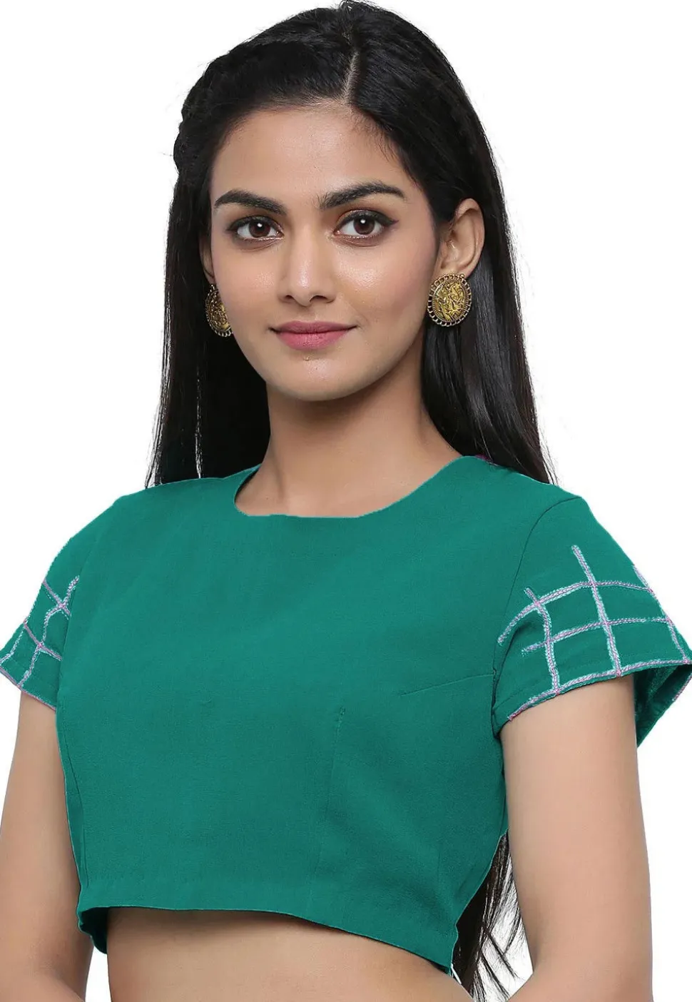Embroidered Sleeve Georgette Blouse in Teal Green