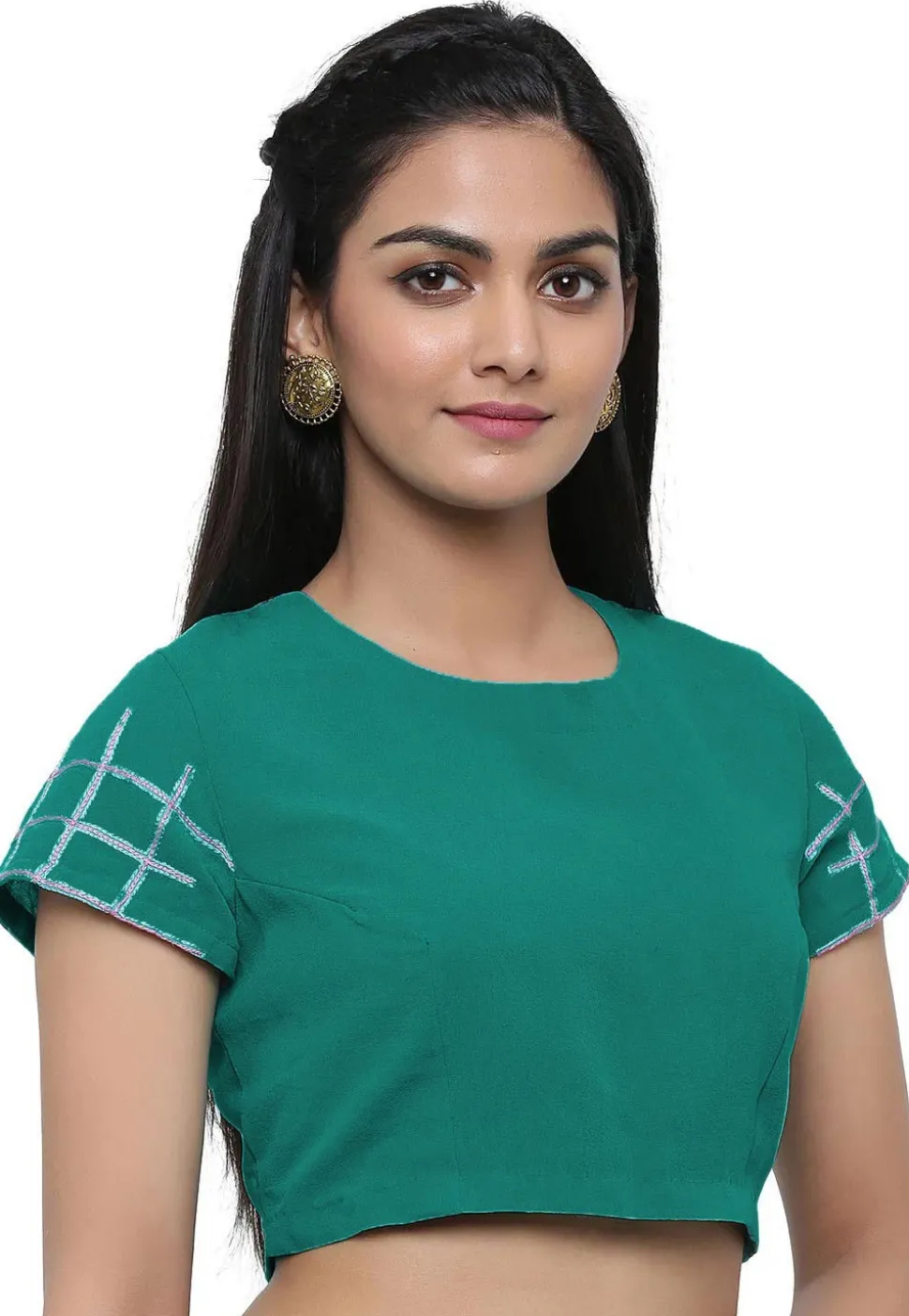 Embroidered Sleeve Georgette Blouse in Teal Green