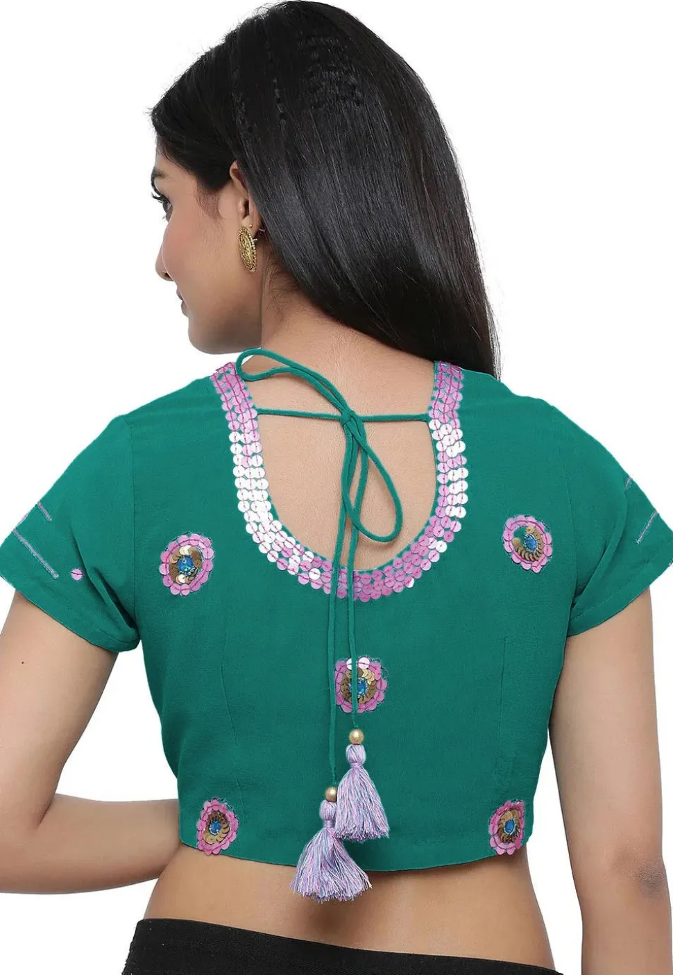 Embroidered Sleeve Georgette Blouse in Teal Green