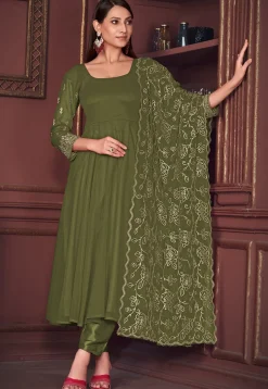 Embroidered Sleeve Georgette Anarkali Suit in Olive Green