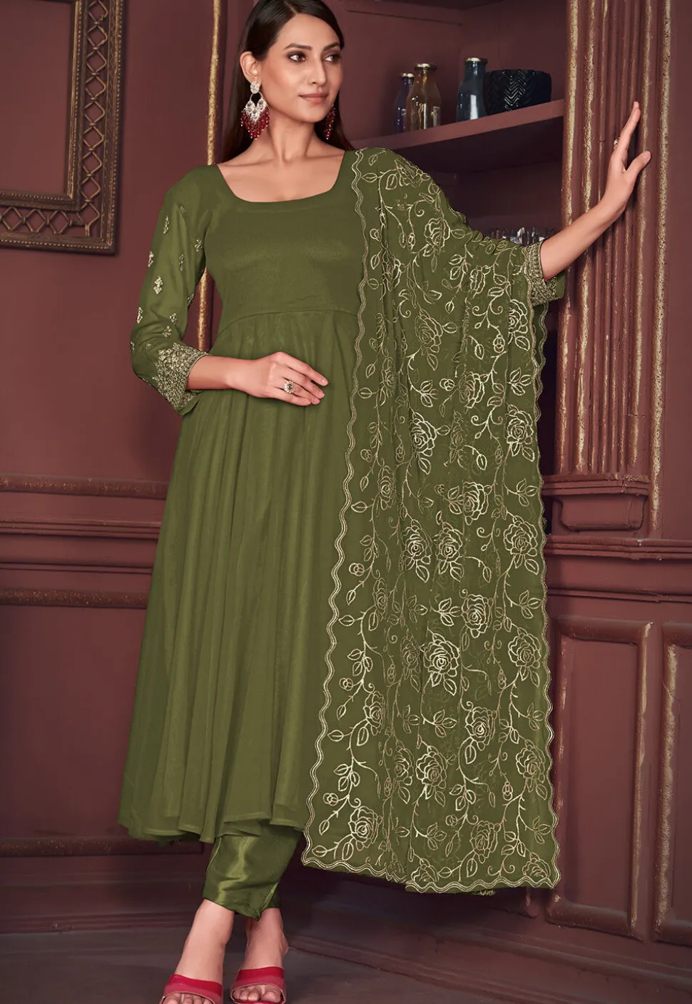 Embroidered Sleeve Georgette Anarkali Suit in Olive Green