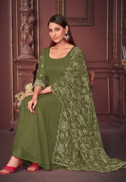 Embroidered Sleeve Georgette Anarkali Suit in Olive Green