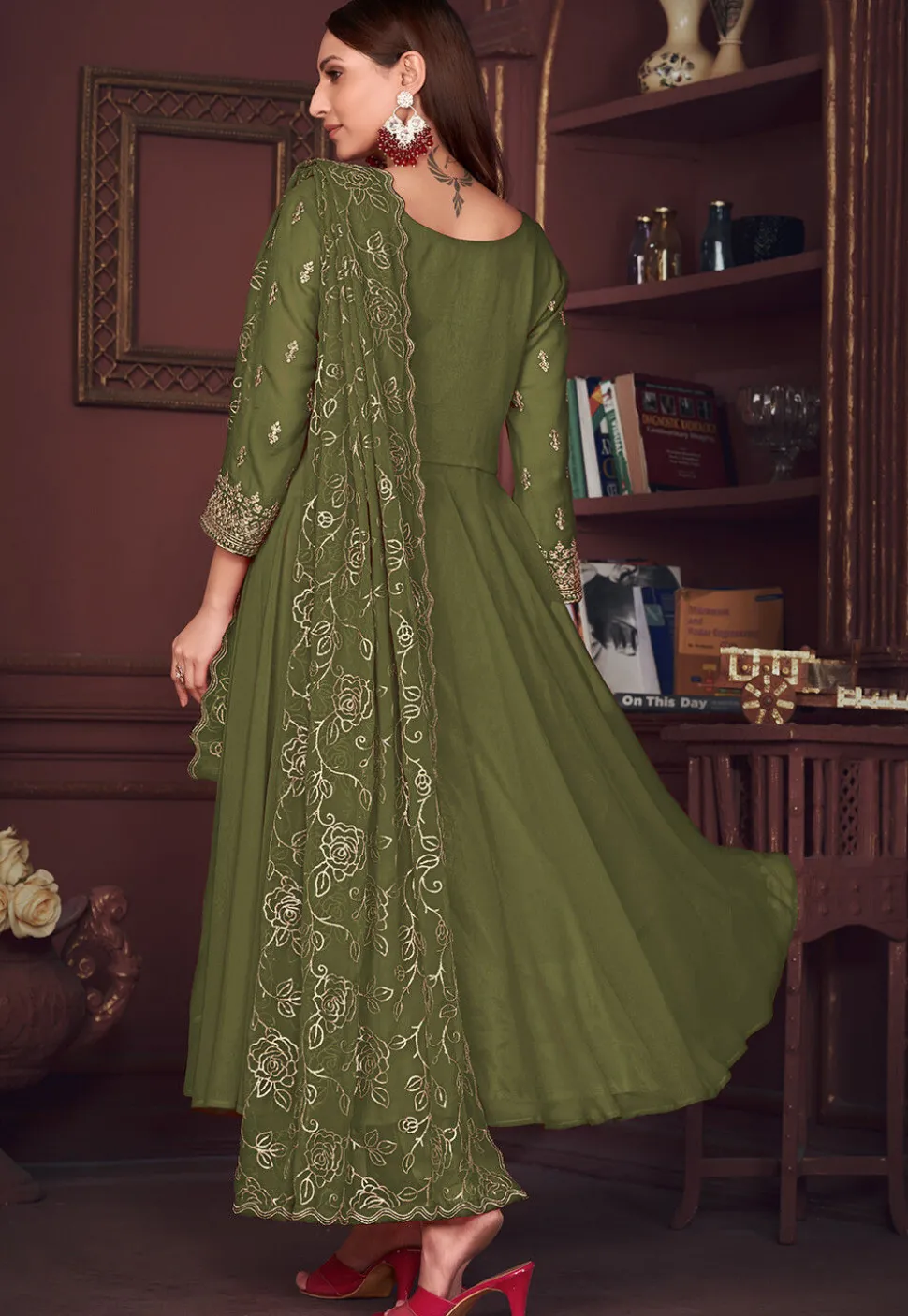Embroidered Sleeve Georgette Anarkali Suit in Olive Green
