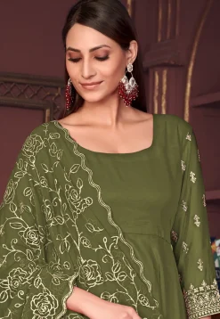 Embroidered Sleeve Georgette Anarkali Suit in Olive Green