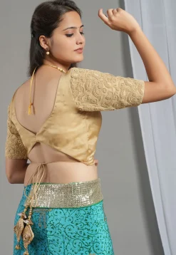 Embroidered Sleeve Shimmer Georgette Blouse in Beige