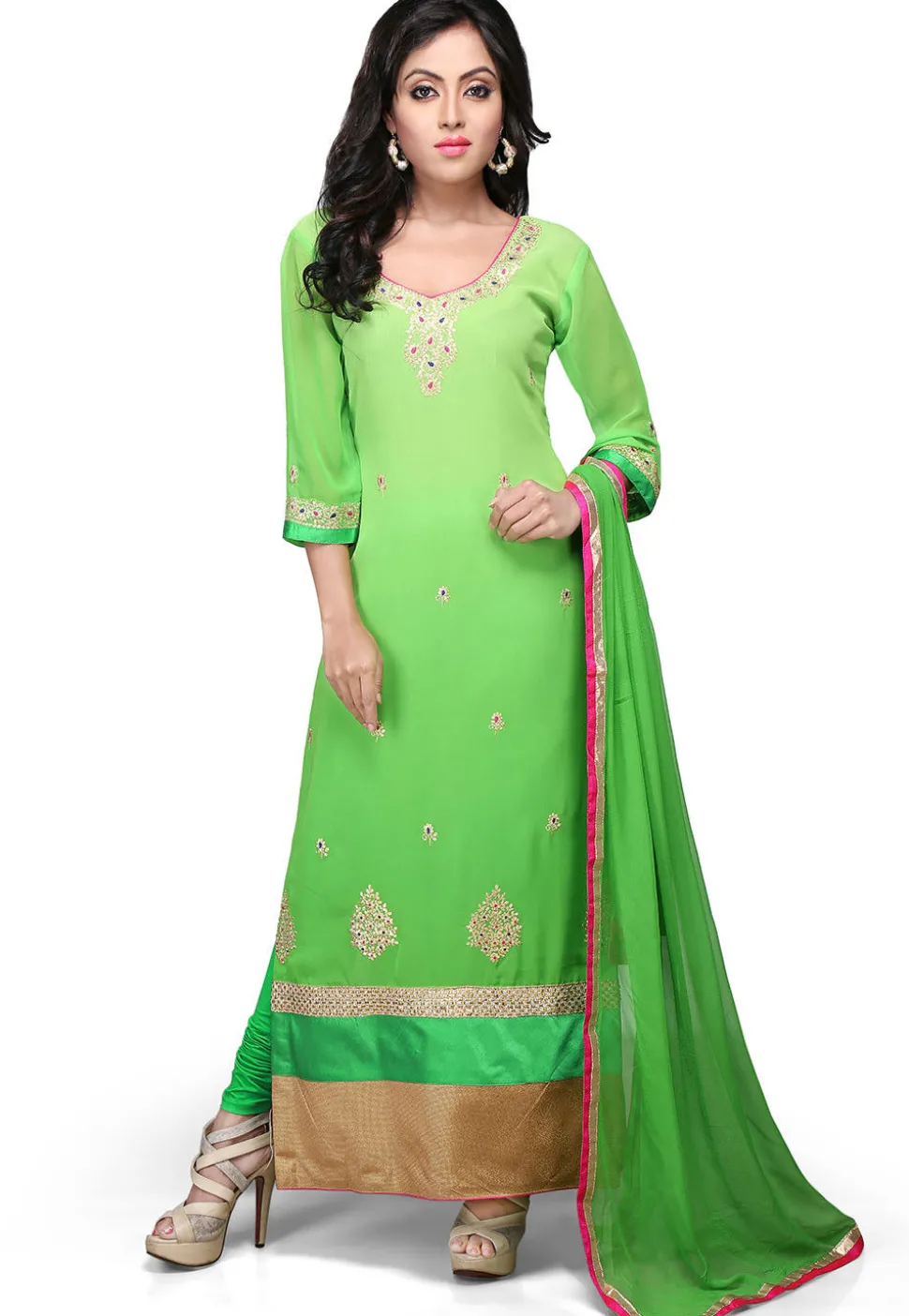 Embroidered Straight Cut Georgette Suit In Green