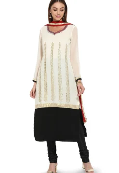 Embroidered Straight Cut Georgette Suit in Off White and Black