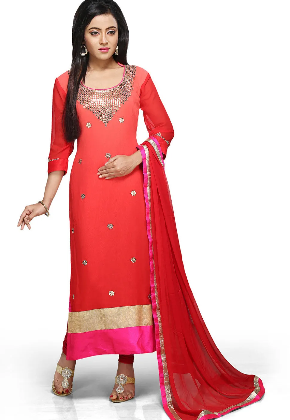 Embroidered Straight Cut Suit in Shaded Red