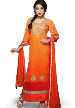 Embroidered Straight Cut Suit In Shaded Orange
