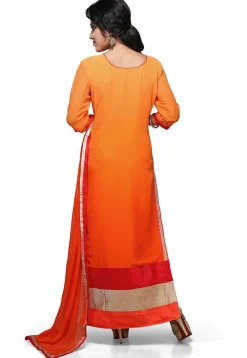 Embroidered Straight Cut Suit In Shaded Orange