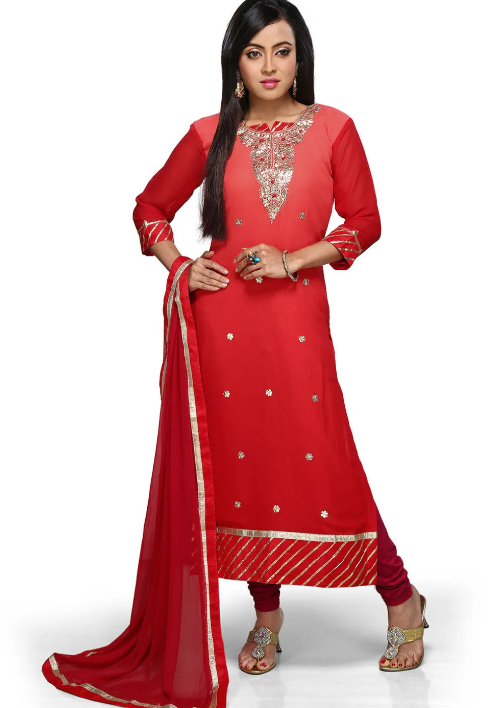 Embroidered Straight Cut Suit in Shaded Red
