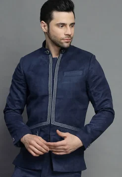 Embroidered Suede Bandhgala in Navy Blue