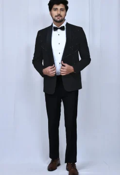 Embroidered Suede Blazer Set in Black