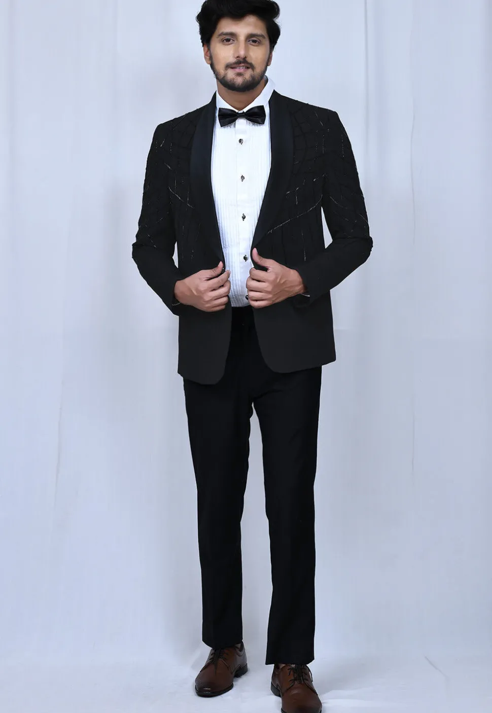 Embroidered Suede Blazer Set in Black