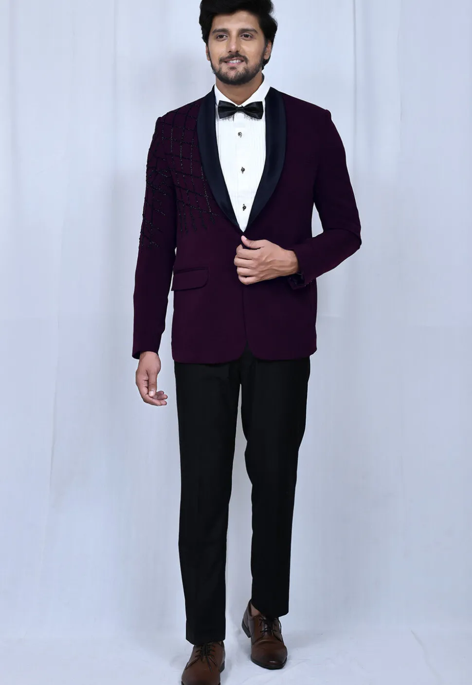 Embroidered Suede Blazer Set in Purple