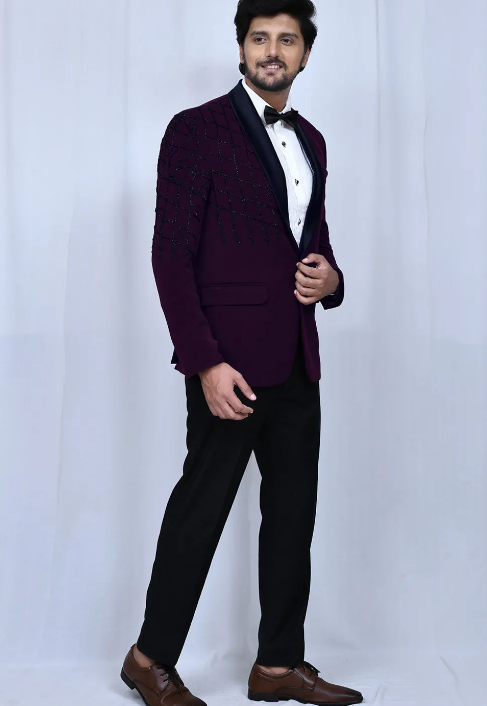 Embroidered Suede Blazer Set in Purple