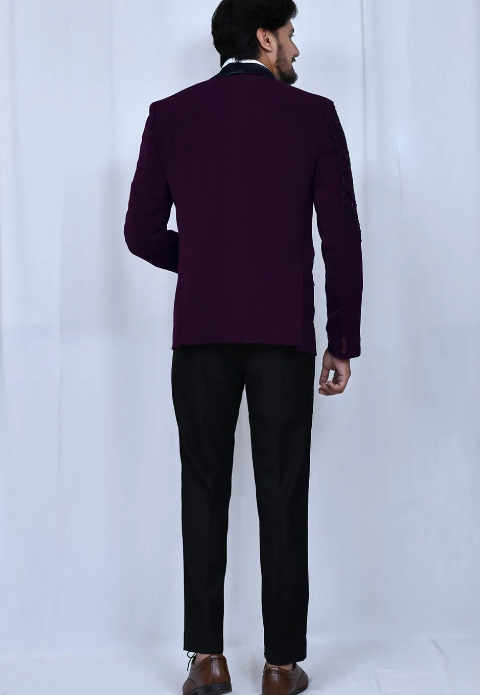 Embroidered Suede Blazer Set in Purple