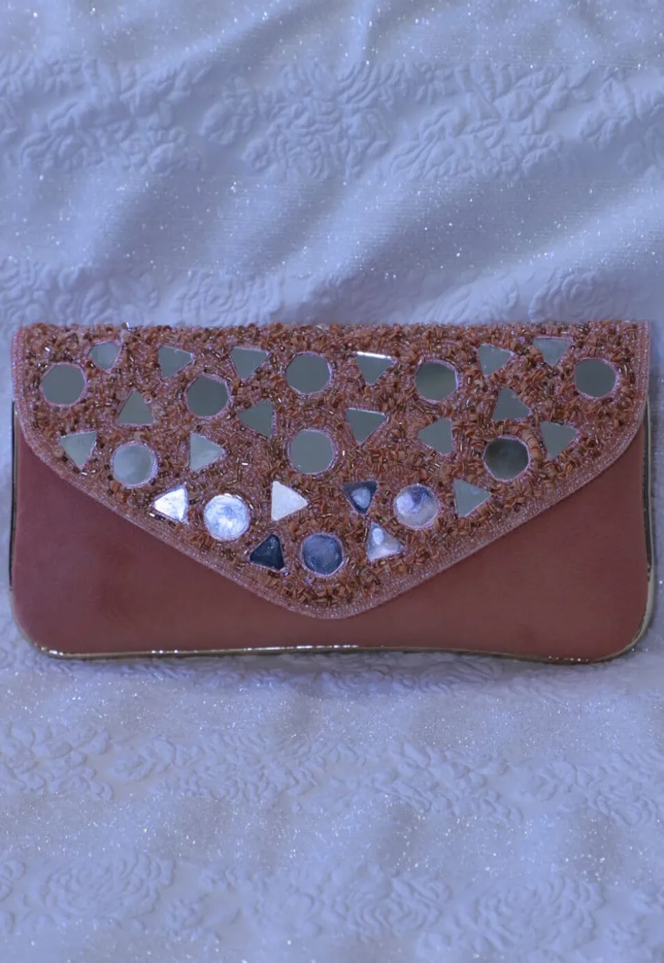 Embroidered Suede Clutch Bag in Pink