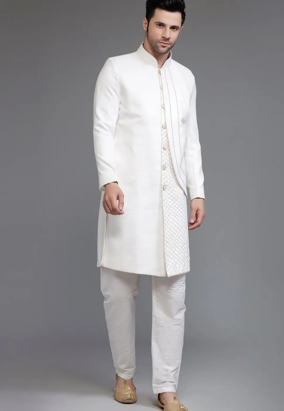 Embroidered Suede Sherwani in Off White