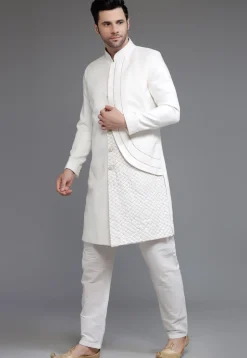 Embroidered Suede Sherwani in Off White