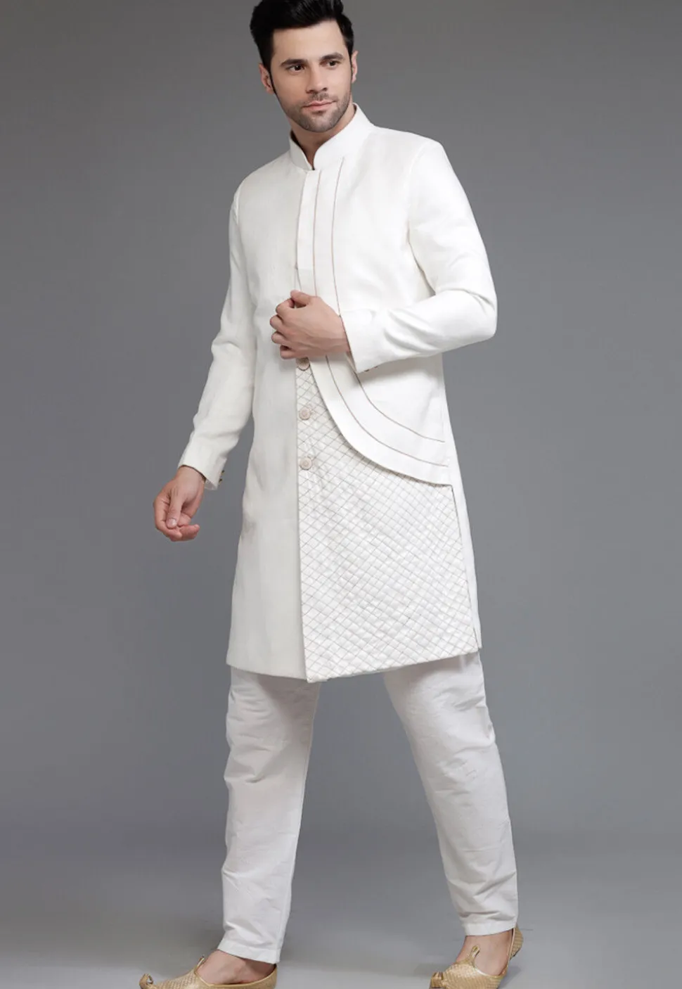 Embroidered Suede Sherwani in Off White