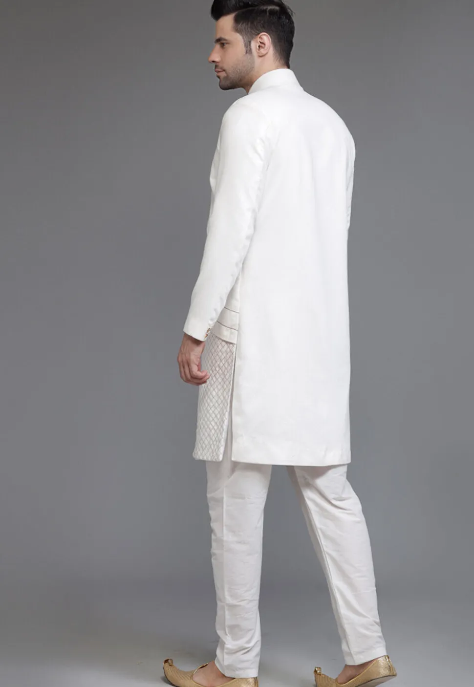 Embroidered Suede Sherwani in Off White
